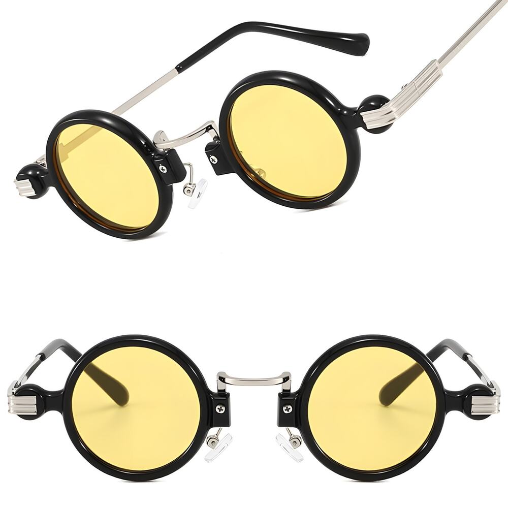 Ribbed Side Accents Bold Retro Vibe Yellow Lens Black & Silver Round Sunglasses